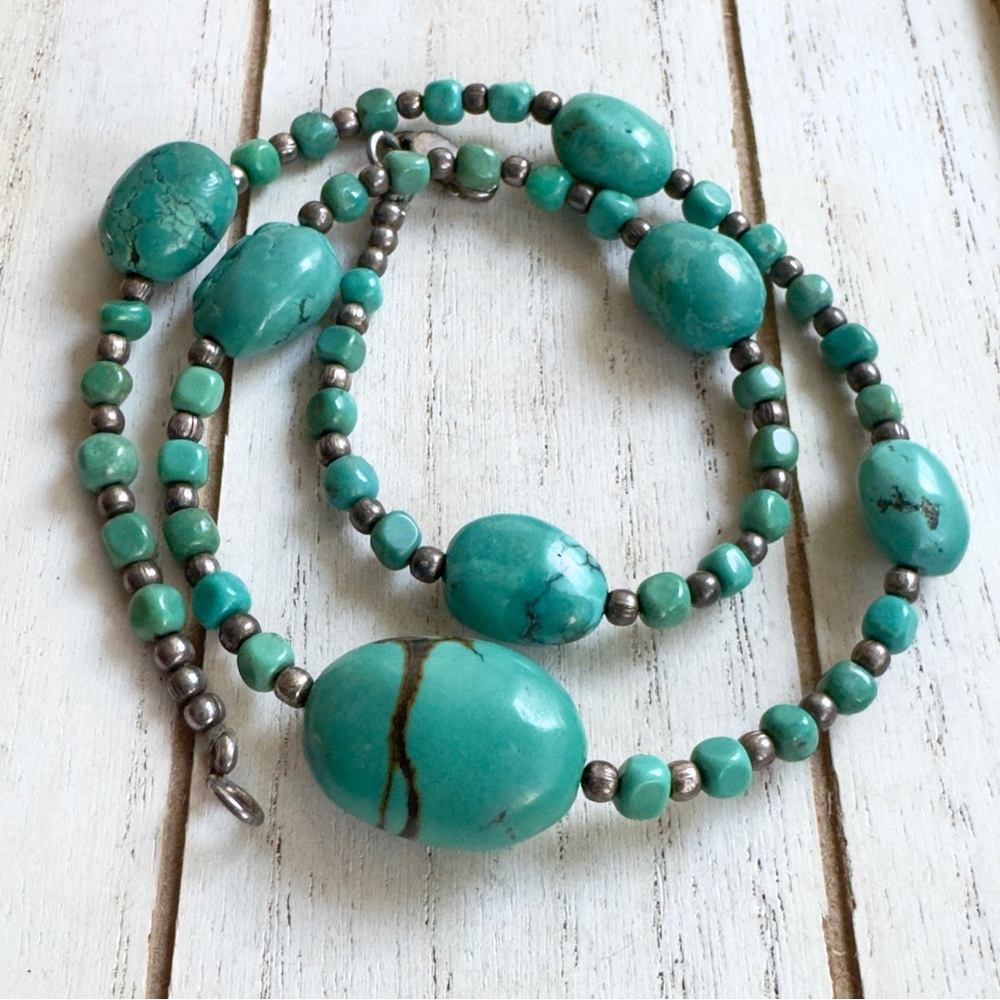 Vintage 925 Silver Turquoise Color Nugget Bead Necklace Southwestern Style